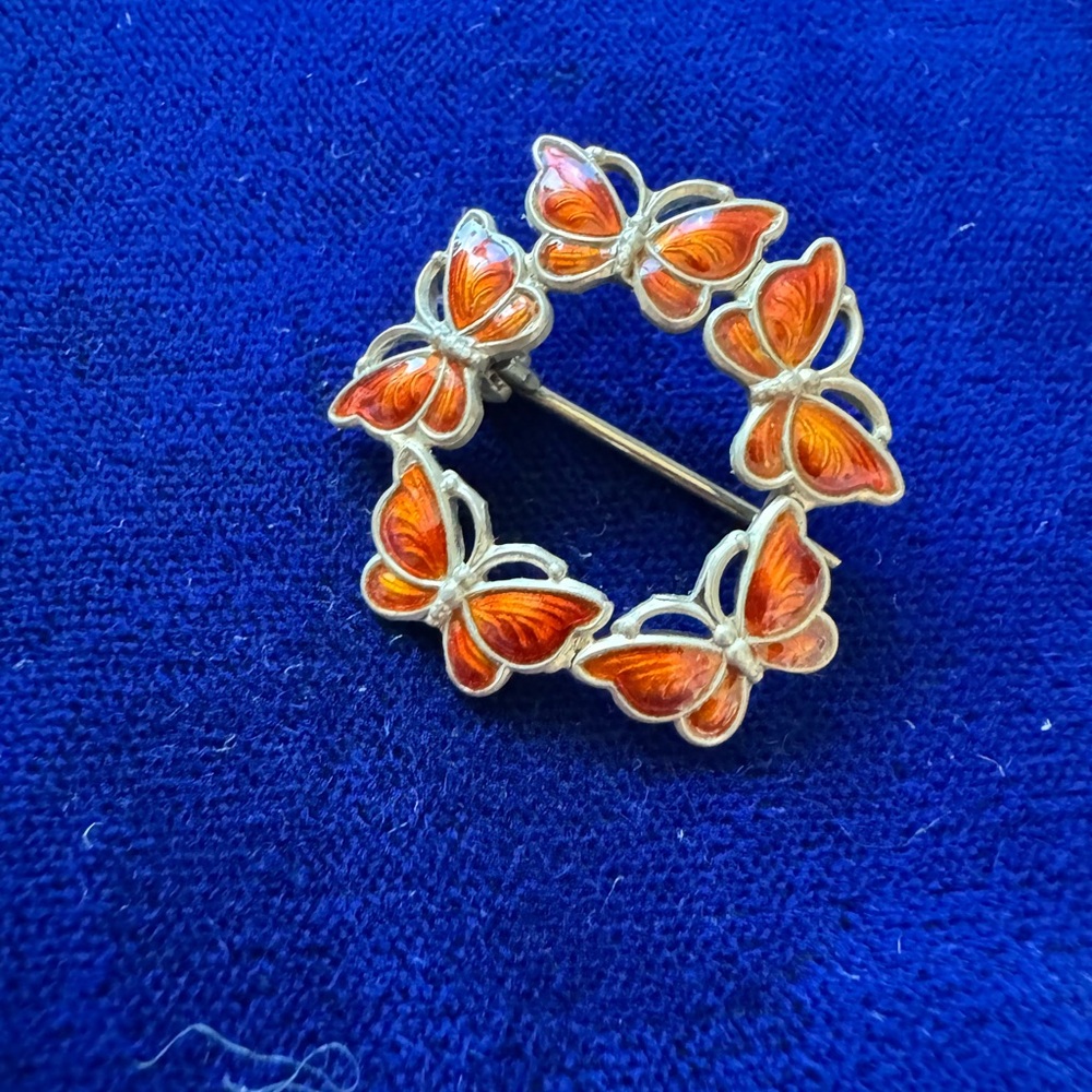 Volmer Bahner Denmark Silver Butterfly Brooch with Vibrant Orange Wings